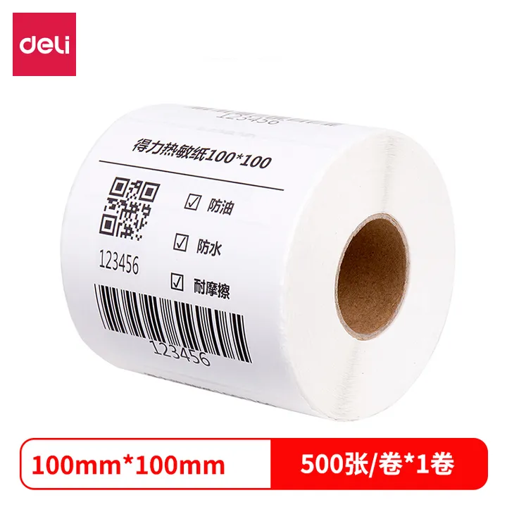 DELI/得力 三防热敏标签纸 12001 尺寸：100×100mm 颜色：白色 包装数：500张 单位:筒