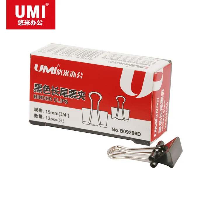 UMI/悠米 黑色长尾票夹 B09206D 6# (15mm)(纸盒装) 黑 包规：12只/盒 单位:盒
