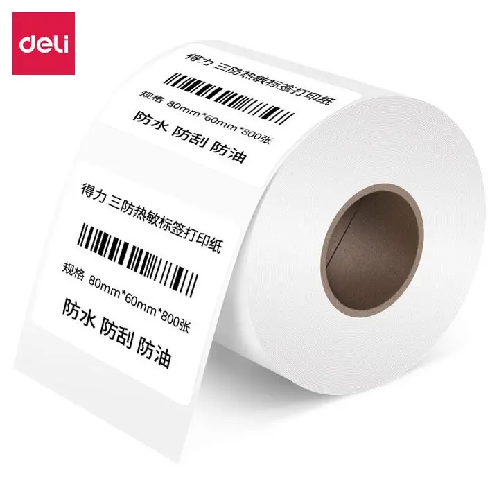DELI/得力 塞纳河三防热敏标签纸 12306 尺寸：80×60mm 颜色：白色 包装数：800枚、1卷/筒 单位:筒