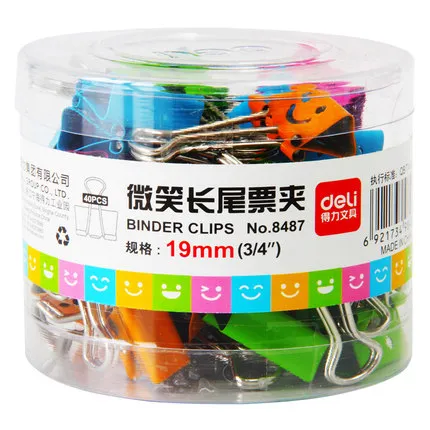 DELI/得力 5#微笑长尾票夹 8487 颜色：混色 规格：19mm 包装数：40只 单位:筒