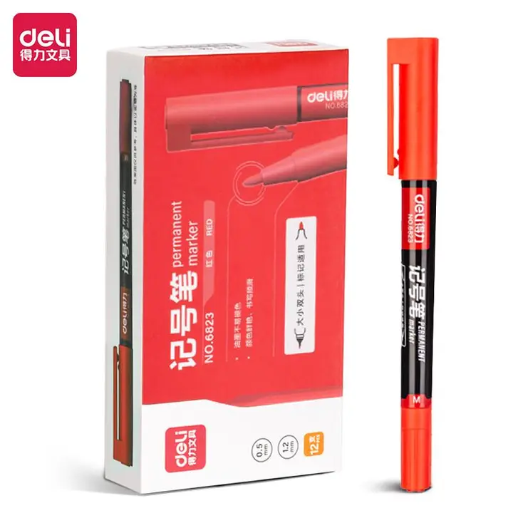 DELI/得力 双头记号笔 红色 笔身 6823 笔身长度：140mm 细头:0.5mm粗头:1.2mm 单位:支