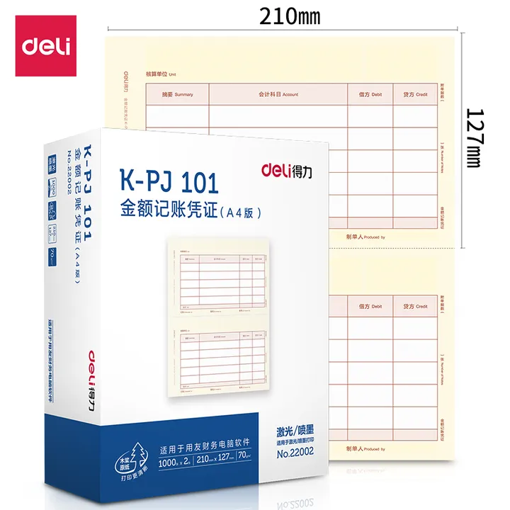 DELI/得力 KPJ101金额记账凭证 22002 颜色：混色 包装数：1000张×2包 单位:箱