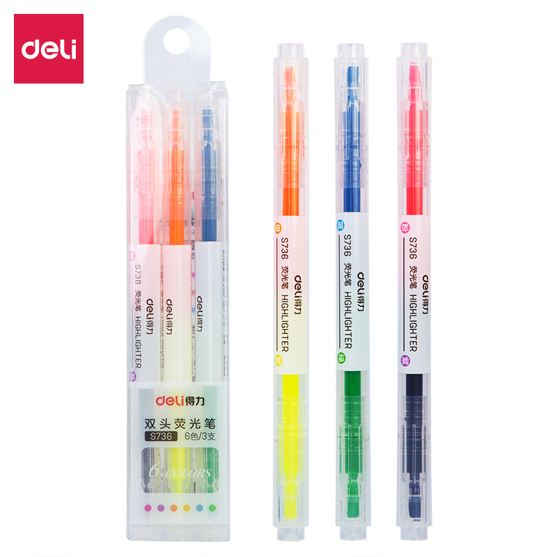 DELI/得力 双头双色荧光笔 S736 6色 3支 单位:盒