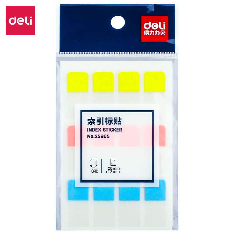 DELI/得力 索引标签 25905 颜色：混色 尺寸：12×28mm 包装数：8张、12枚 单位:袋