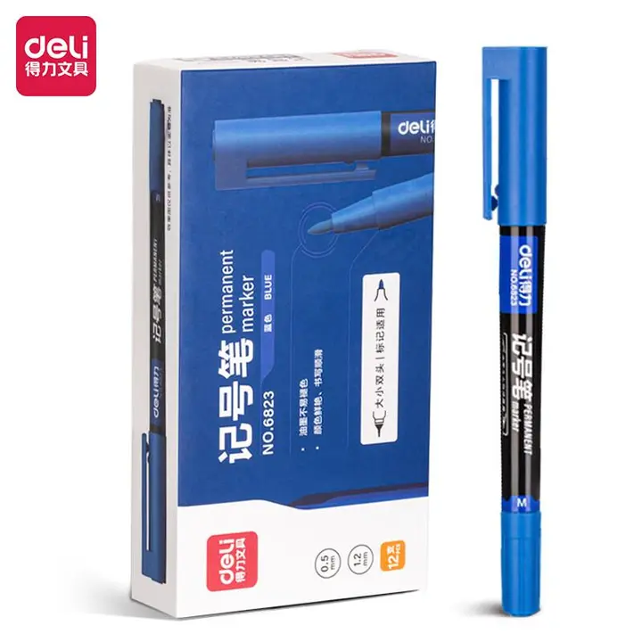 DELI/得力 双头记号笔 蓝色 笔身 6823 笔身长度：140mm 细头:0.5mm粗头:1.2mm 单位:支