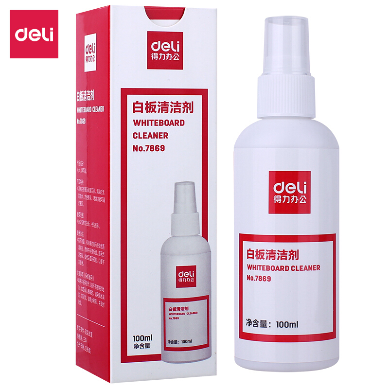 DELI/得力 白板清洁剂 7869 颜色：透明 规格：17mm 容量：100mL 尺寸：135×40 单位:瓶