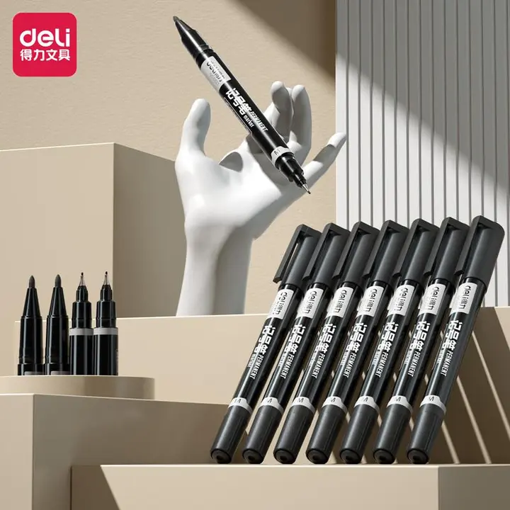 DELI/得力 双头记号笔 黑色 笔身 6823 笔身长度：140mm 细头:0.5mm粗头:1.2mm 单位:支