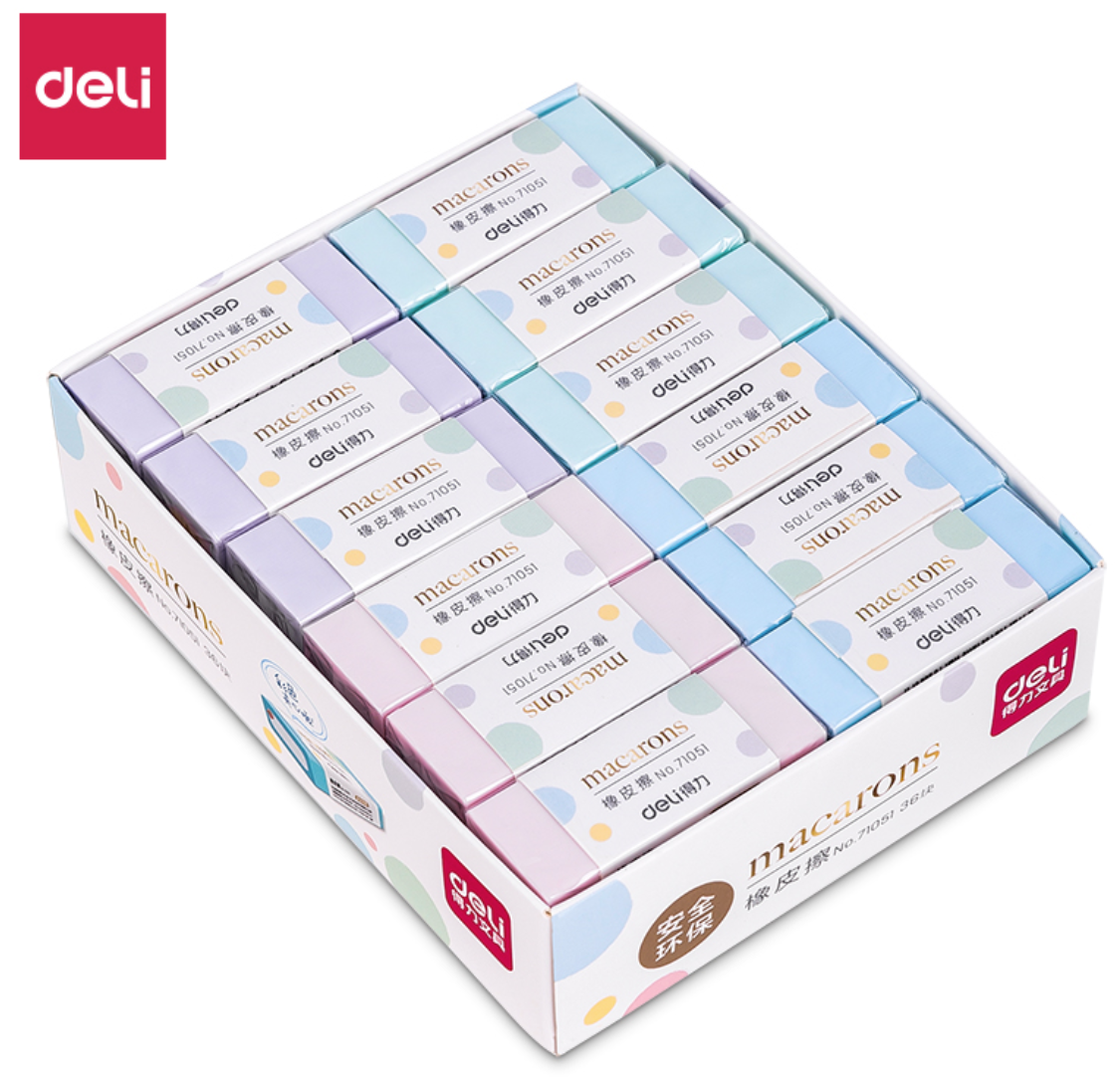 DELI/得力 2B橡皮擦 71051 规格：50*20*10mm 颜色：混色 包规：12块/盒 材质：PVC 单位:块