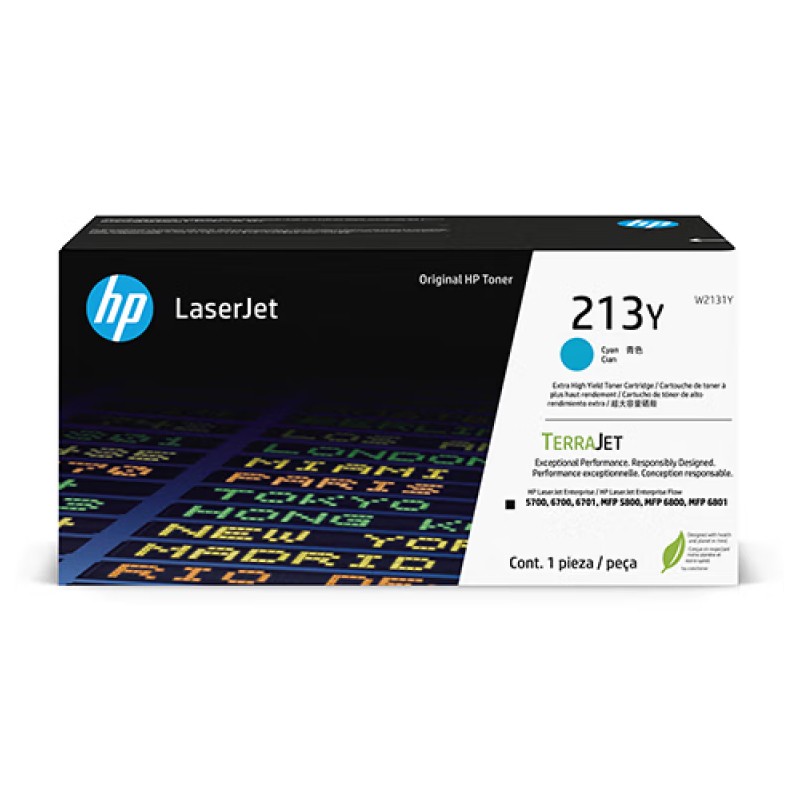 HP/惠普 213Y超大容量硒鼓 W2131Y 青色/鼓粉一体/12000页 适用机型：HP Color LaserJet Enterprise 5700dn/6700dn/6701dn/HP Color LaserJet Enterprise MFP 5800dn/5800zf/6800dn/HP Color LaserJet Enterprise Flow MFP 6800zfw+/6801zfw+ 单位:个