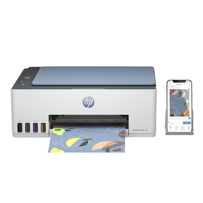 HP/惠普 墨仓式一体打印机Smart Tank 585 Smart Tank 585 1F3Y4A A4/四色/打印/复印/扫描/12-5PPM/WIFI/耗材单页成本(黑色0.01元/四色0.02元 适用耗材：GT53XL墨水1VV21AA黑色6000页/GT52墨水M0H54AA青色8000页/GT52墨水M0H55AA品红色8000页/GT52墨水M0H56AA黄色8000页 单位:个