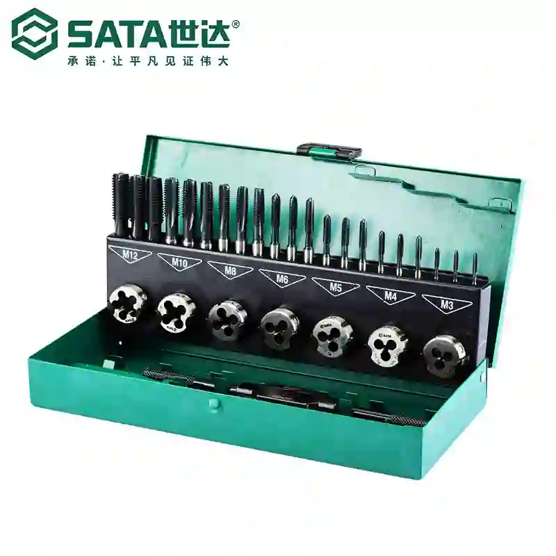 SATA/世达 40件高速钢粗牙丝锥板牙组套 50451 包含21件头锥/二锥/尾锥+7件板牙+5件断丝取出器+1件棘轮丝锥板牙扳手+2件丝锥转接头+1件圆板牙转接头+1件操作杆+1件铬钒钢内六角扳手4mm+1套螺纹规 单位:个