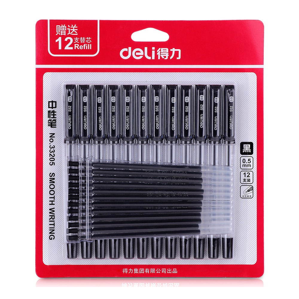 DELI/得力 中性笔半 33205 颜色:黑；尺寸:18.5*21*1.7cm；笔芯规格:0.5mm半针管 单位:卡