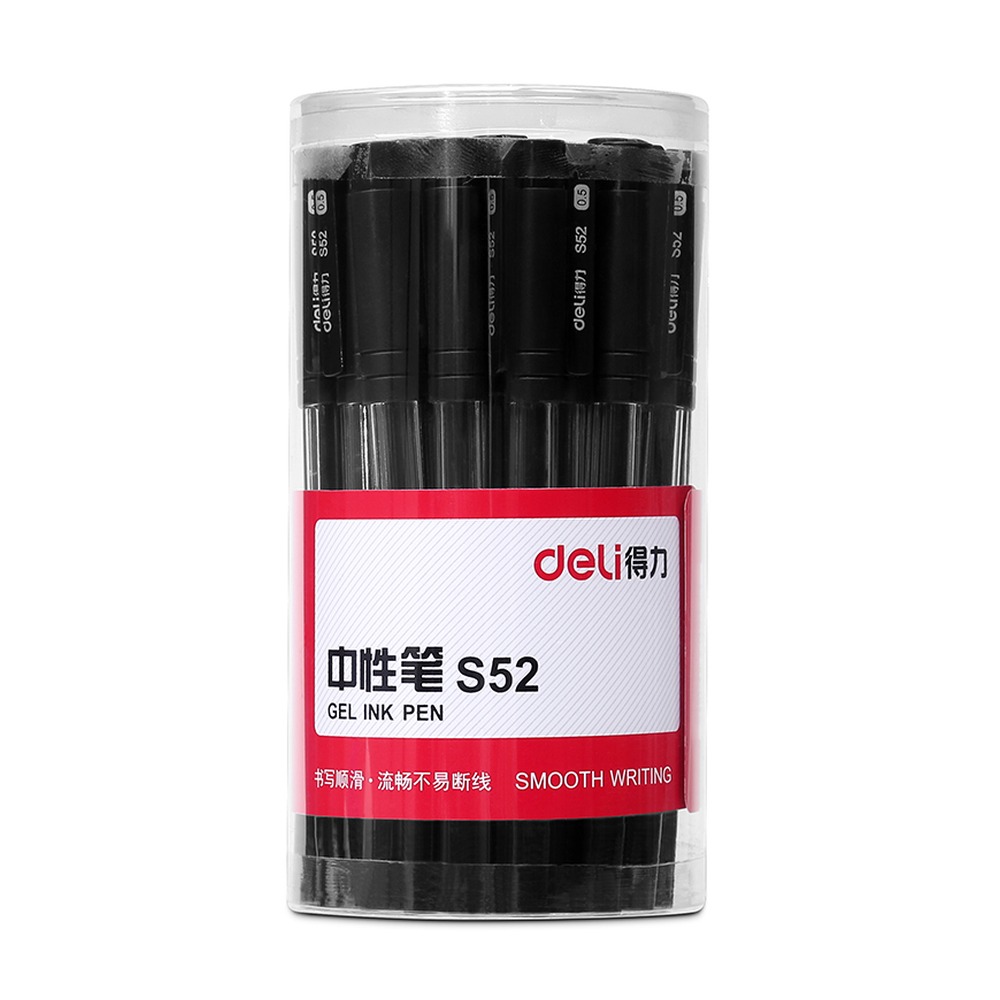 DELI/得力 中性笔半 S52 颜色:黑色；包装:30支/桶；笔芯规格:0.5mm半针管 单位:桶