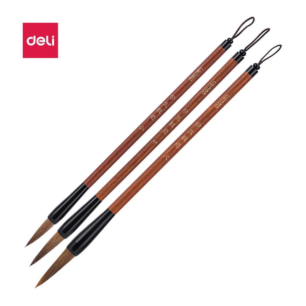 DELI/得力 狼毫毛笔 36005 颜色:浅棕色；尺寸:240mm(大) 235mm(中) 230mm(小)；包装:3支/袋 单位:袋