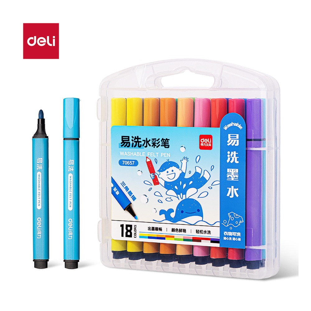 DELI/得力 粗三角杆易洗水彩笔 70657 规格:(298*254*31) mm SSS =；颜色:混；包装:18支/盒 单位:盒