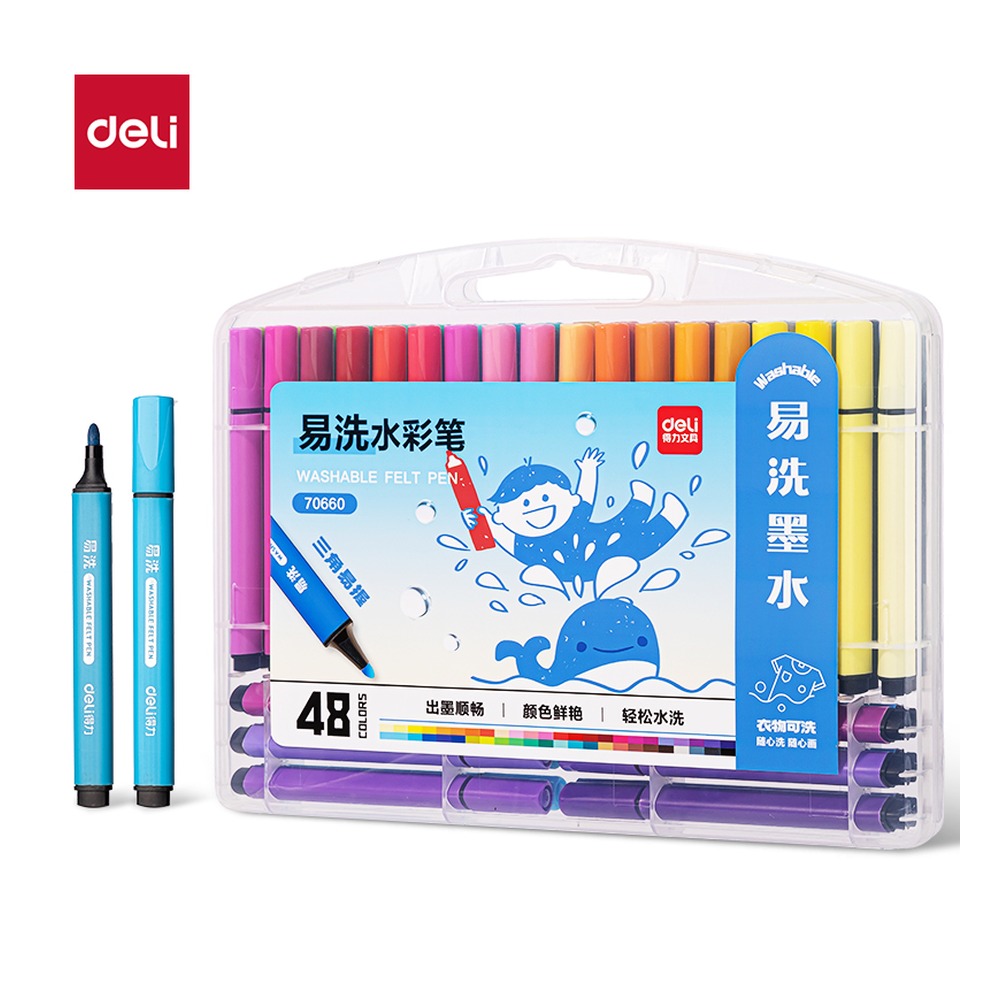DELI/得力 粗三角杆易洗水彩笔 70660 规格:(298*254*31) mm SSS =；颜色:混；包装:48支/盒 单位:盒