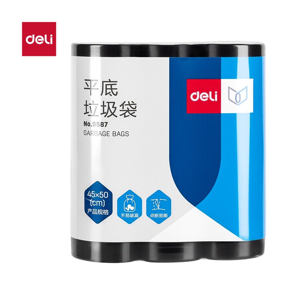 DELI/得力 平底垃圾袋平底 9587 颜色:黑；尺寸:0.007mm；包装:3卷/包；笔芯规格:0.007mm 单位:包