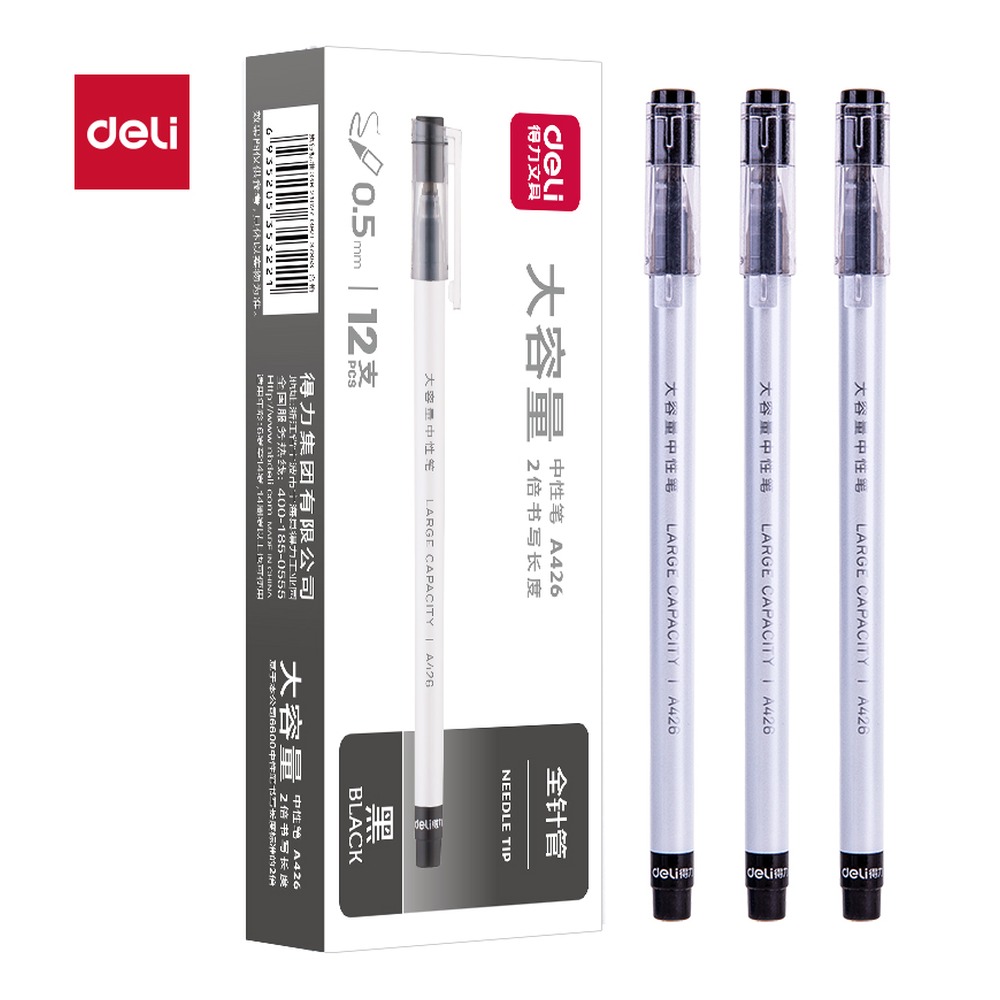 DELI/得力 学生中性笔全 A426 规格:12支/盒；颜色:黑；尺寸:0.5mm；笔芯规格:0.5mm全针管 单位:支
