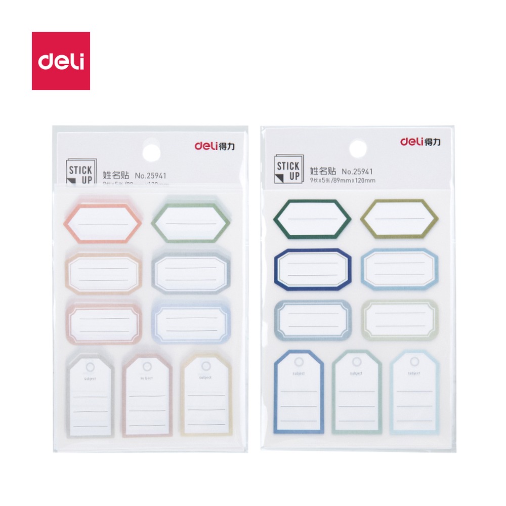 DELI/得力 姓名贴 25941 规格:9枚/张 | 53K；颜色:混；尺寸:外包装 150x90mm 光面纸 89x120mm；包装:5张/包 单位:包