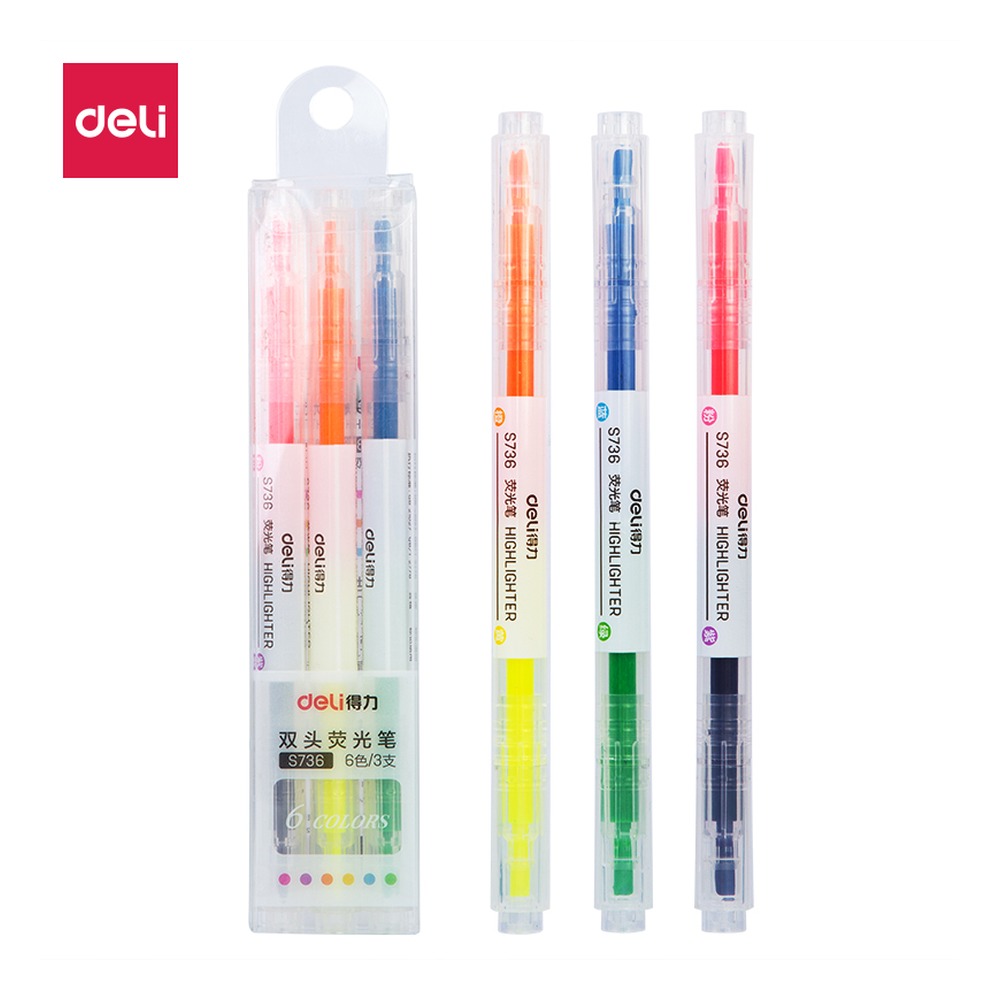 DELI/得力 双头双色荧光笔 S736 颜色:混；尺寸:35x13x153mm；包装:3支/盒 单位:盒