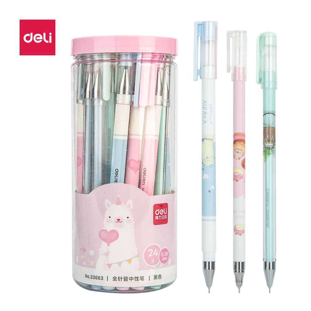 DELI/得力 学生中性笔全 33663 颜色:黑；尺寸:0.38mm；包装:24支/桶；笔芯规格:0.38mm全针管 单位:桶