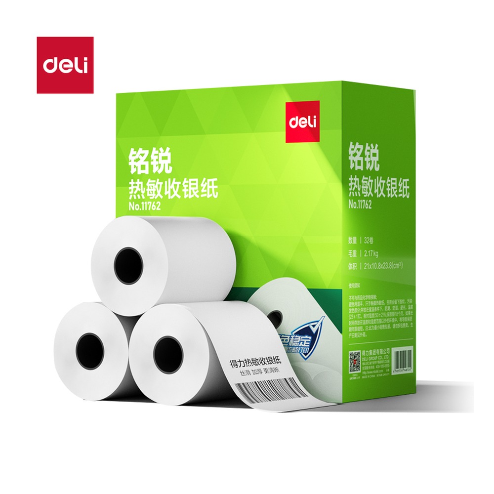 DELI/得力 铭锐热敏收银纸型 11762 颜色:混；尺寸:57*50型；包装:32卷/箱 单位:箱