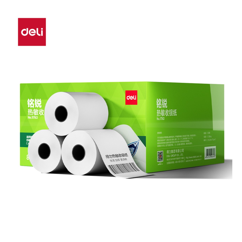 DELI/得力 铭锐热敏收银纸型 11763 颜色:混；尺寸:80*60；包装:50卷/箱 单位:箱