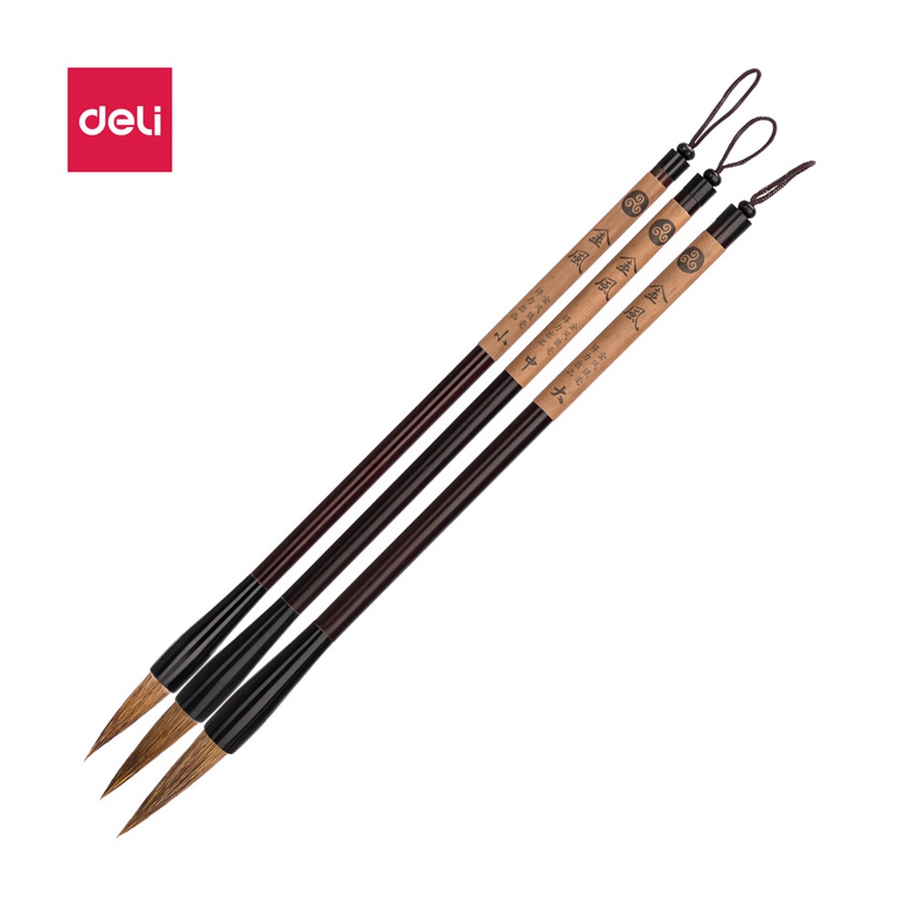 DELI/得力 狼毫毛笔 75506 颜色:深棕色；尺寸:261mm (A) 256mm (中) 251mm (小)；包装:3支/袋 单位:袋