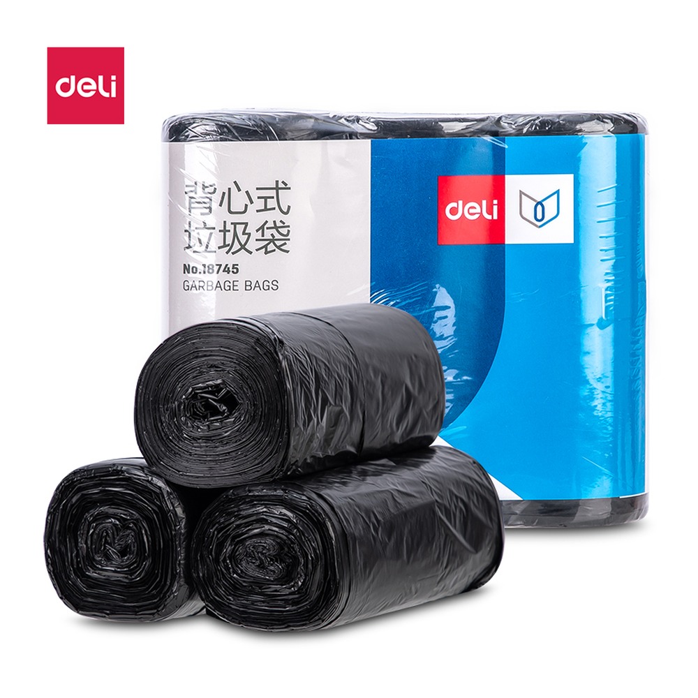 DELI/得力 背心式垃圾袋 18745 颜色:黑色；包装:3卷装，30只/卷 单位:包