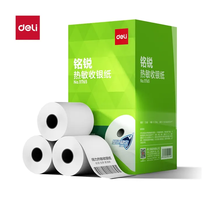DELI/得力 铭锐热敏收银纸型 11765 颜色:混；尺寸:57*40；包装:36卷/箱；纸张规格:57*40 单位:箱