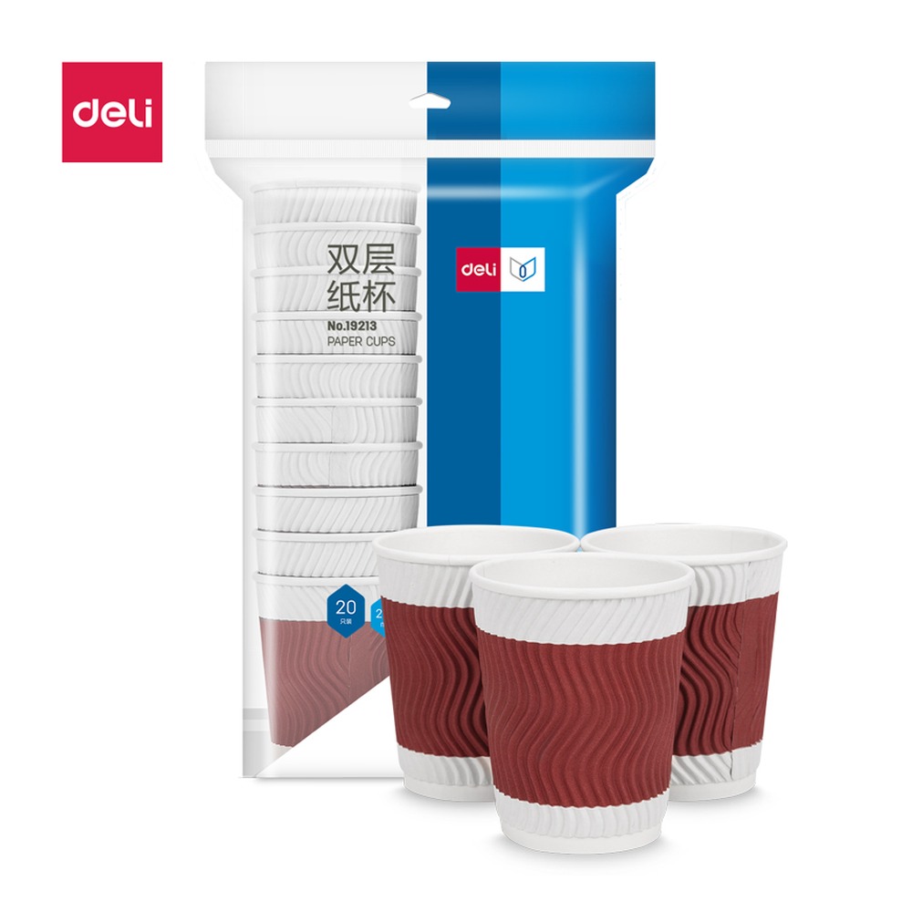 DELI/得力 双层纸杯 19213 颜色:红色；材质:木浆纸；尺寸:228m；容量:228ml；包装:20只/袋 单位:袋