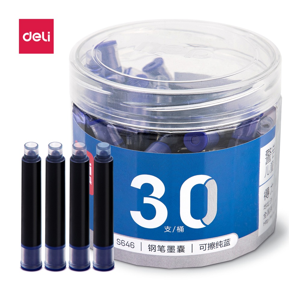 DELI/得力 钢笔墨囊 S646 颜色:晶蓝；包装:30支/桶 单位:桶