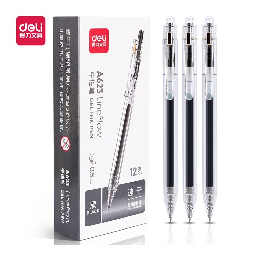 DELI/得力 学生中性笔按动加强型针管速干 A623 颜色:黑；尺寸:0.5mm；笔芯规格:0.5mm 单位:支