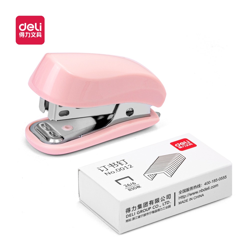 DELI/得力 迷你订书机 0255 颜色:粉色；包装:1订书机+1订书钉/卡 单位:卡