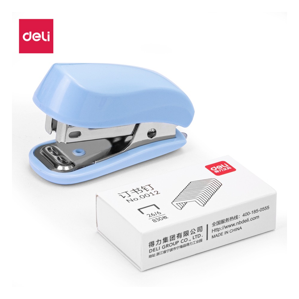 DELI/得力 迷你订书机 0255 颜色:蓝色；包装:1订书机+1订书钉/卡 单位:卡