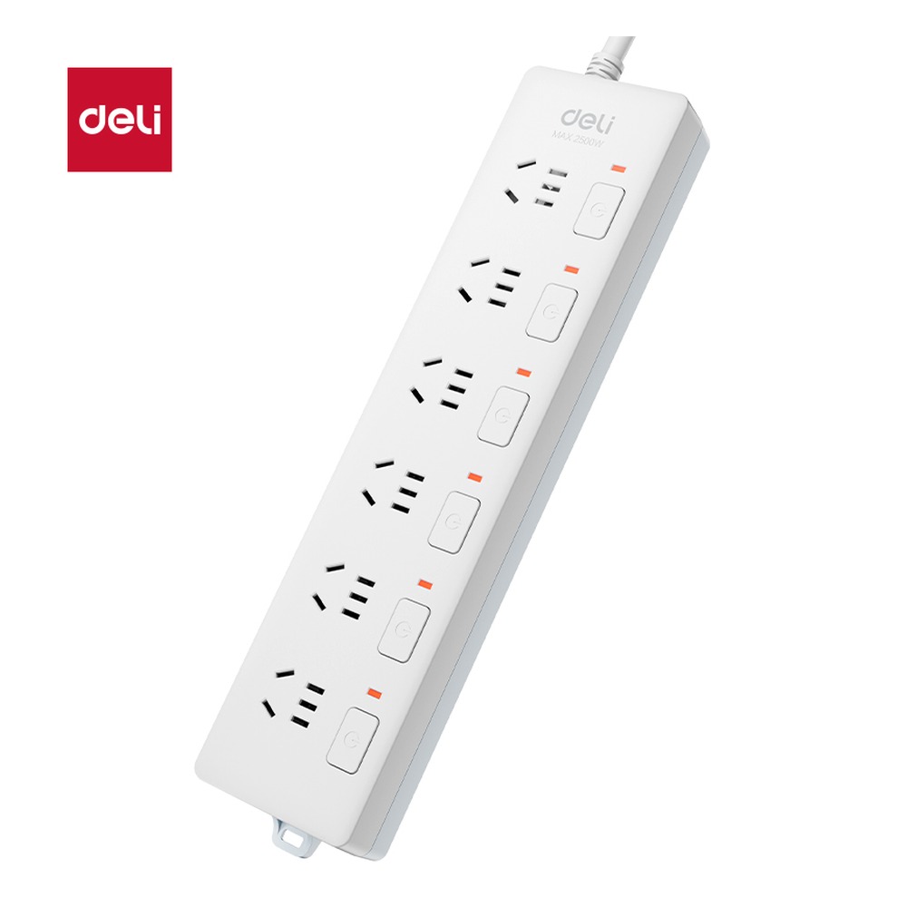 DELI/得力 延长线插座6组5米PVC 3980(05) 颜色:白；材质:PVC；尺寸:5米；包装:袋装；额定功率:2500W；结构:6组 单位:只