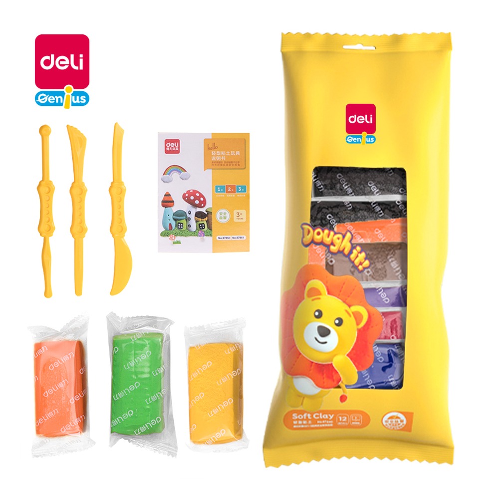 DELI/得力 轻型粘土 67850 规格:12色粘土+3把工具刀+1本说明书；颜色:黄 单位:袋