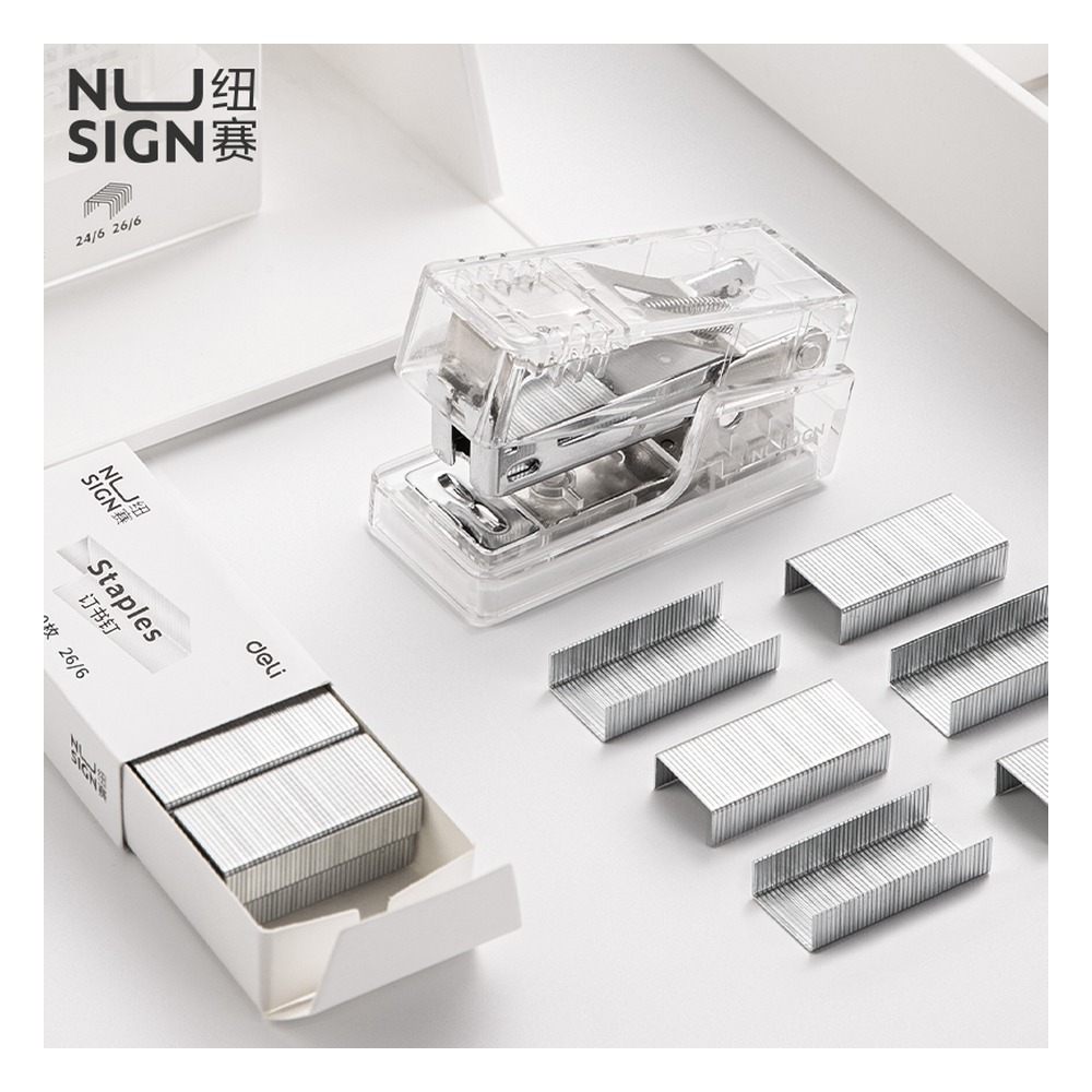 DELI/得力 迷你订书机 NS083F 尺寸:63x28x42mm；包装:1订书机+1盒钉/盒 单位:盒