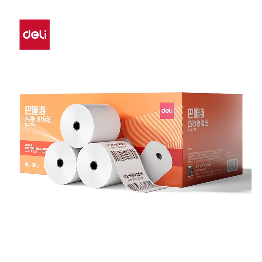 DELI/得力 巴厘海热敏收银纸型 11783 颜色:混；尺寸:80*80；包装:30卷/箱 单位:箱