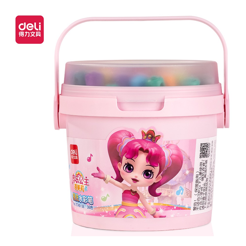 DELI/得力 桶装音乐公主短圆杆水彩笔 70740-36 规格:103mm (笔身盖帽)；颜色:混；材质:PP 单位:筒