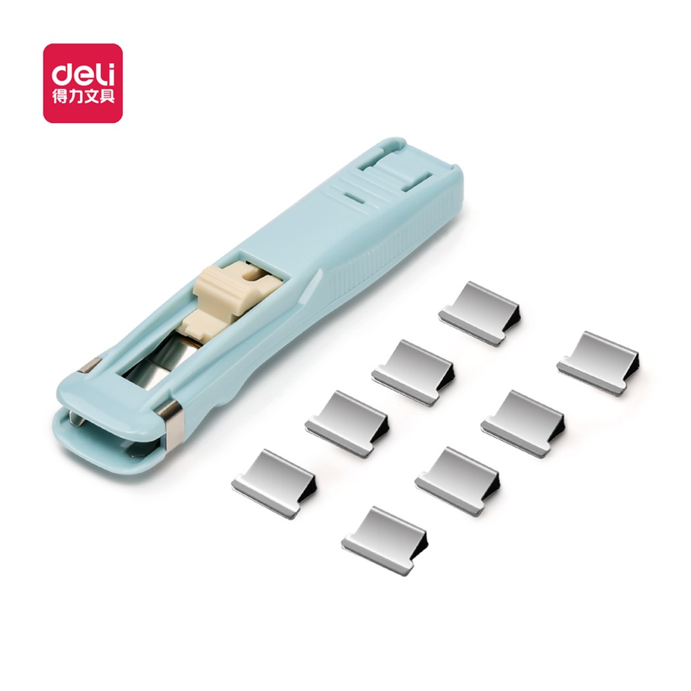 DELI/得力 因为遇见你推夹器 8591F 颜色:蓝；包装:1推夹器+8补充夹；适用范围:试卷、文件资料、账单票据等纸张的无损装订 单位:套