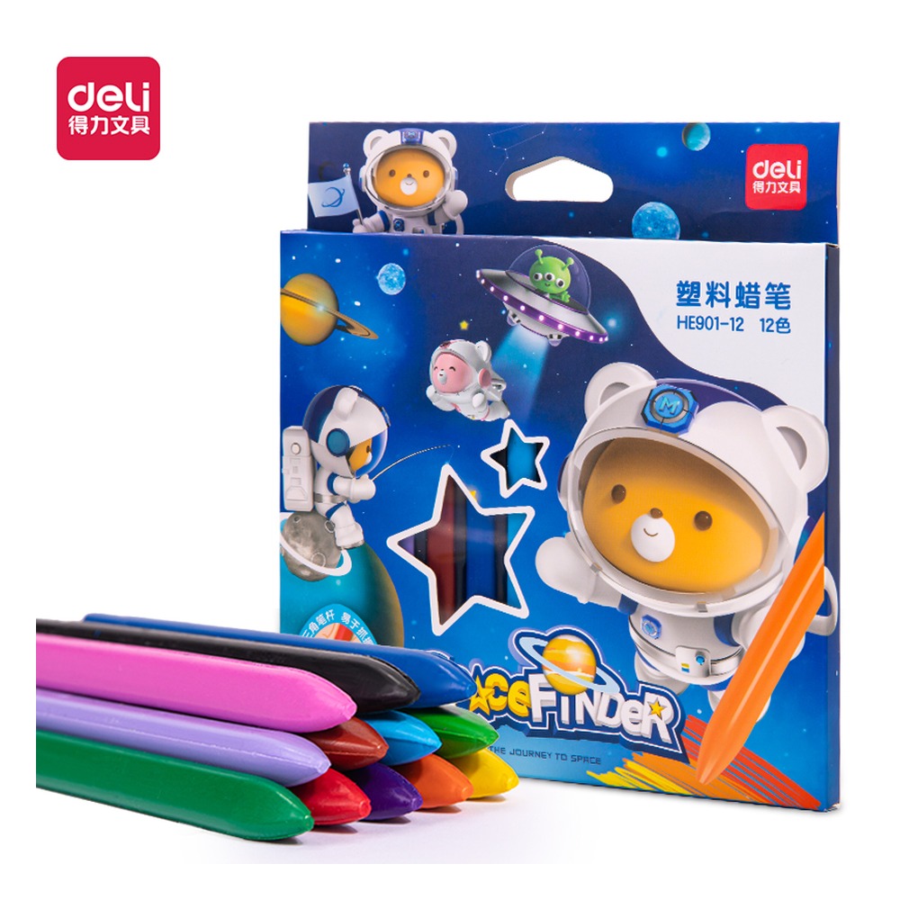 DELI/得力 细三角杆塑料蜡笔 HE901-12 颜色:混；材质:塑料；包装:12色/盒 单位:盒
