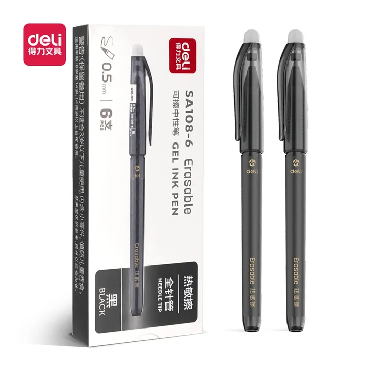 DELI/得力 拔帽可擦中性笔全 SA108-6 颜色:可擦黑色；尺寸:0.5mm；笔芯规格:0.5mm全针管 单位:盒
