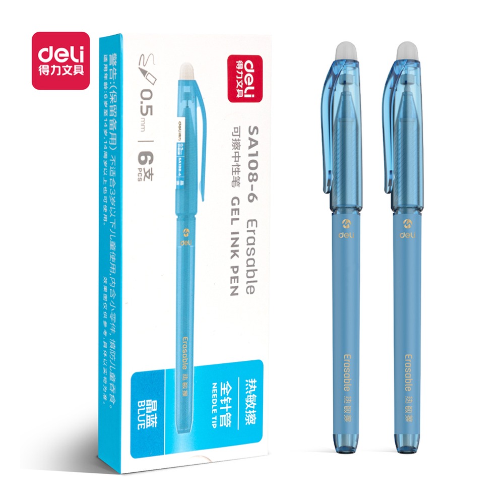 DELI/得力 拔帽可擦中性笔全 SA108-6 颜色:可擦晶蓝；尺寸:0.5mm；笔芯规格:0.5mm全针管 单位:盒