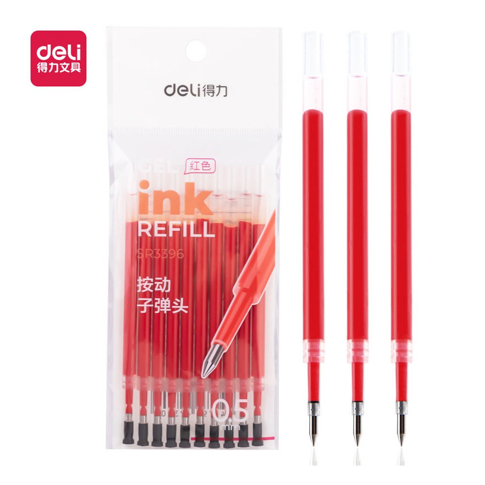 DELI/得力 中性笔替芯按动 SR3396 颜色:红；包装:10支/袋；笔芯规格:0.5mm按动子弹头 单位:袋