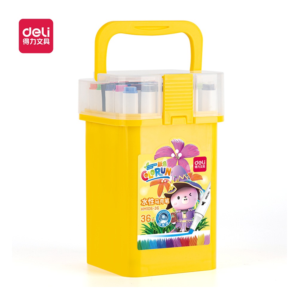 DELI/得力 三角杆筒装水性马克笔 HM106-36 颜色:混；尺寸:104mm*102mm*170 mm；包装:36色/筒；结构:三角杆筒装 单位:筒