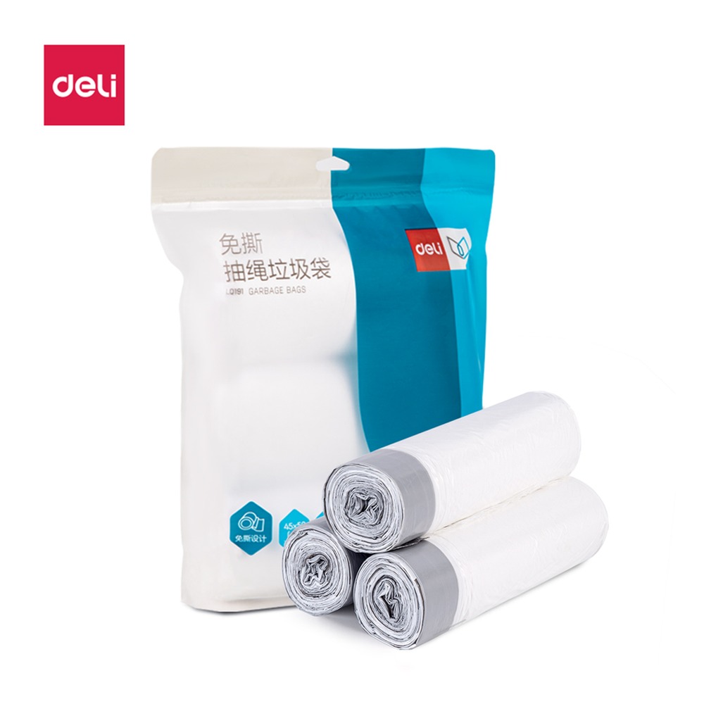 DELI/得力 免撕抽绳垃圾袋 LQ191 颜色:白色；包装:30只/卷，3卷装 单位:袋