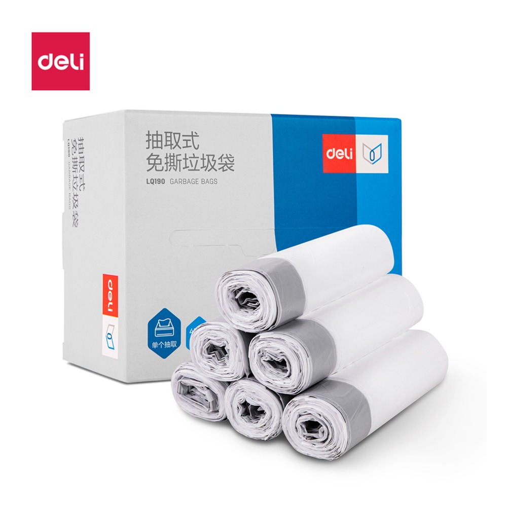 DELI/得力 抽取式免撕垃圾袋 LQ190 颜色:白色；包装:15只/卷，6卷装 单位:盒