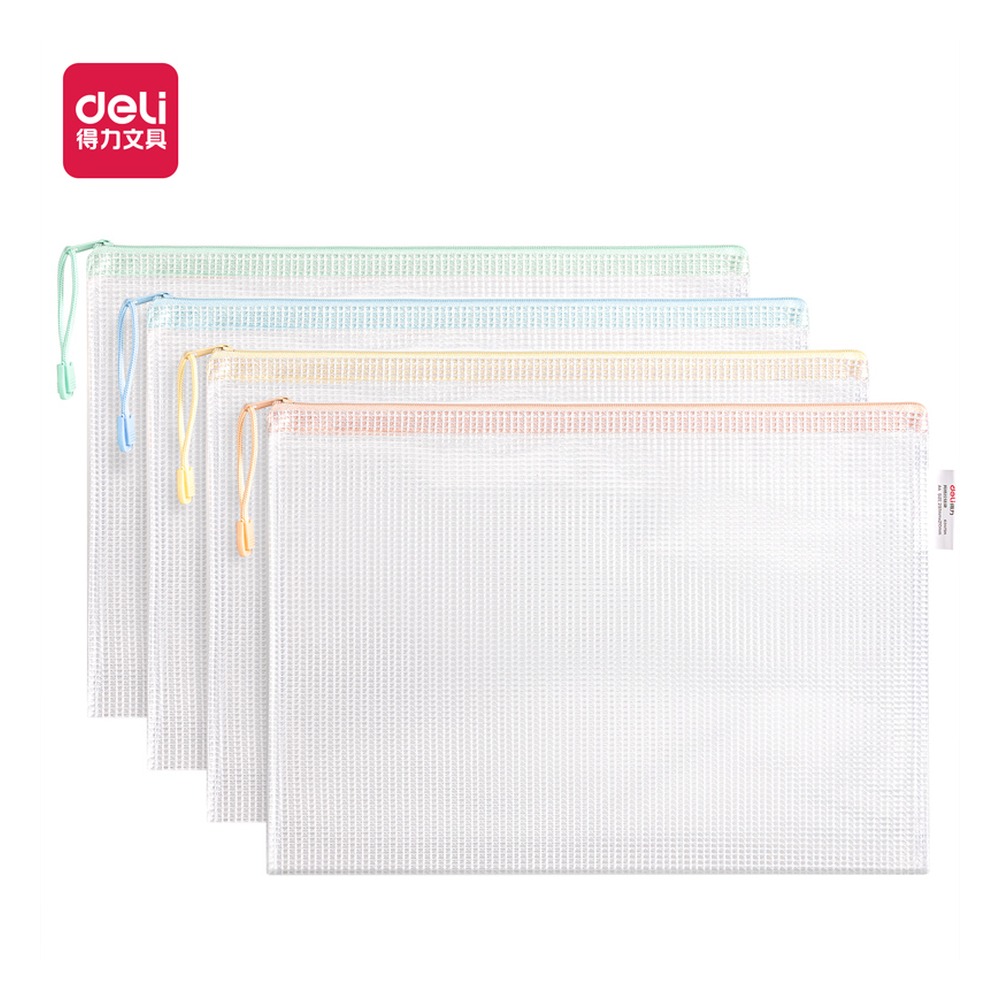 DELI/得力 A4经济型马卡龙PVC透明网格拉链袋 63479A 颜色:混；材质:PVC；适用:A4 单位:个