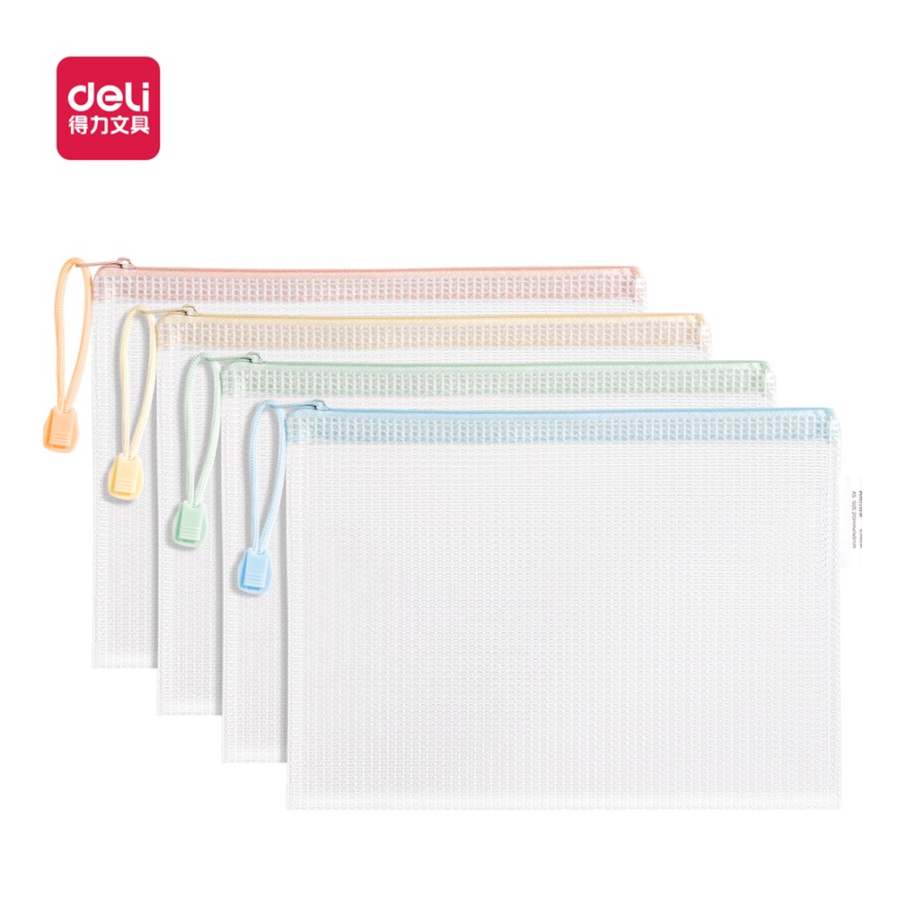 DELI/得力 A5经济型马卡龙PVC透明网格拉链袋 63480A 颜色:混；材质:PVC；适用:A5 单位:个